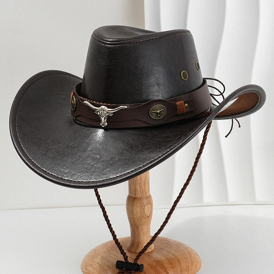 Unisexowy kapelusz kowbojski w stylu vintage ze sztucznej skóry, kapelusz jazzowy dla dżentelmenów i kobiet, sombrero hombre Unisexowy kapelusz kowbojski w stylu vintage ze sztucznej skóry, kapelusz jazzowy dla dżentelmenów i kobiet, sombrero hombre