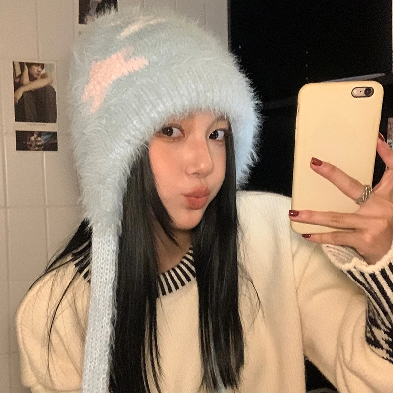 Winter Cute Star Jacquard Plush Ear Protector Beanie Cap dla kobiet Imitacja norek Miękkie, ciepłe, dzianinowe koronkowe czapki bomberki lotnicze Winter Cute Star Jacquard Plush Ear Protector Beanie Cap dla kobiet Imitacja norek Miękkie, ciepłe, dzianinowe koronkowe czapki bomberki lotnicze