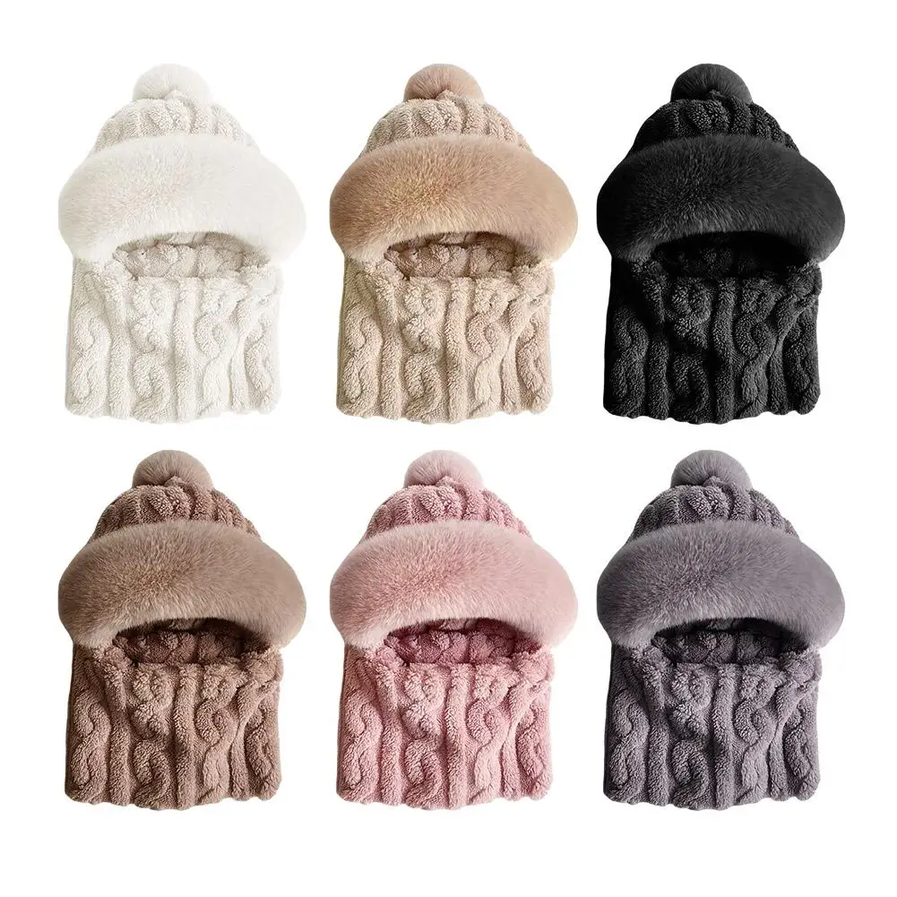 Zimowy Zestaw Szalików z Kapturem dla Kobiet Pluszowy Ocieplacz na Szyję Rosja Outdoor Narciarski Wiatroodporny Kapelusz Grube Pluszowe Puszyste Czapki Beanie Czapka Rowerowa