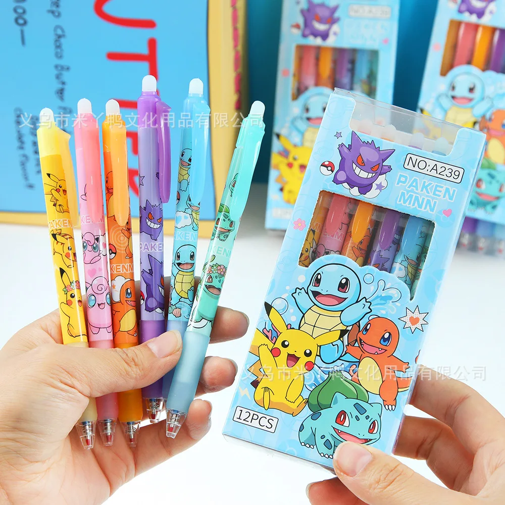1 pudełko z 12 sztukami długopisów Pokemon 0.5mm z niebieskim tuszem, wymazywalnych, neutralnych, urocze…