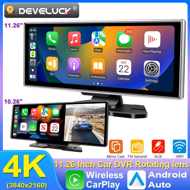 10/11.26 cala Kamera samochodowa 4K Rejestrator samochodowy Bezprzewodowa nawigacja Carplay i Android Auto GPS…