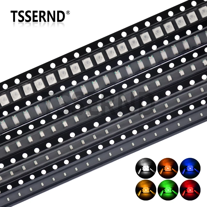 100 szt. 0402 0603 0805 1206 1210 3528 5050 LED SMD czerwony żółty zielony biały niebieski pomarańczowy dioda…