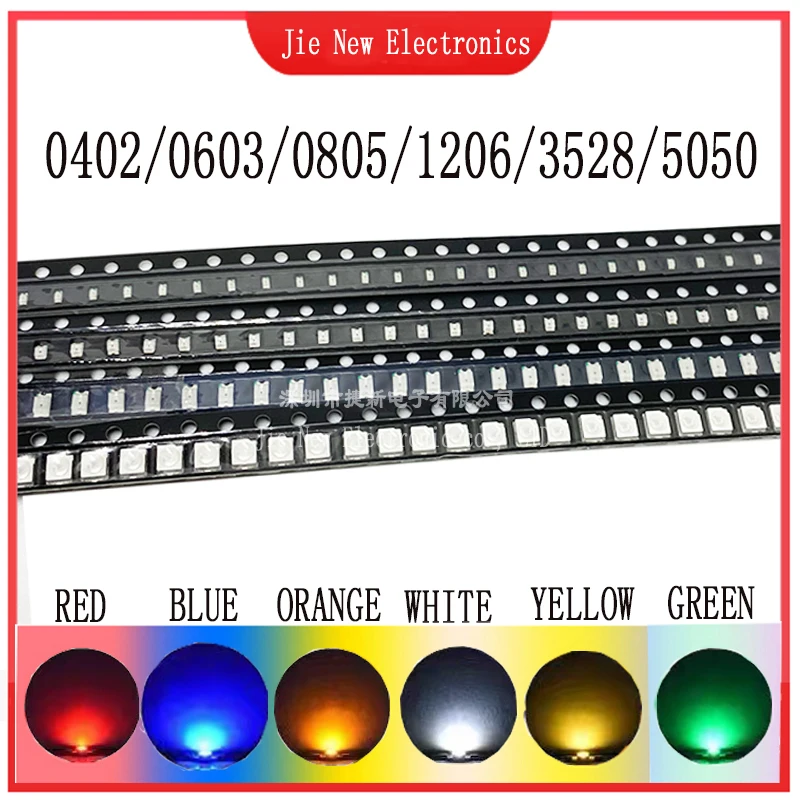 100 sztuk 0402 0603 0805 1206 3528 5050 SMD LED czerwony żółty zielony biały niebieski pomarańczowy dioda…