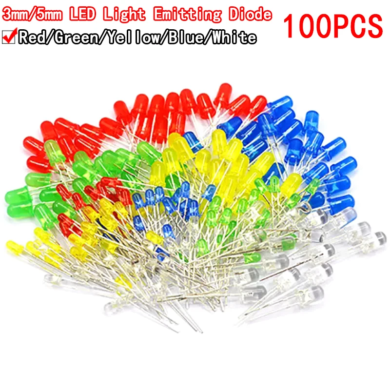100 sztuk 3mm 5mm LED Light biały żółty czerwony zielony niebieski różnorodny zestaw DIY zestaw diod LED… 100 sztuk 3mm 5mm LED Light biały żółty czerwony zielony niebieski różnorodny zestaw DIY zestaw diod LED…