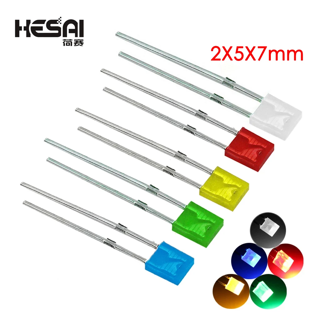 100 sztuk/partia 2x5x7 kwadratowe 5-kolorowe krótkie nogi dioda elektroluminescencyjna LED In-Line koraliki do…