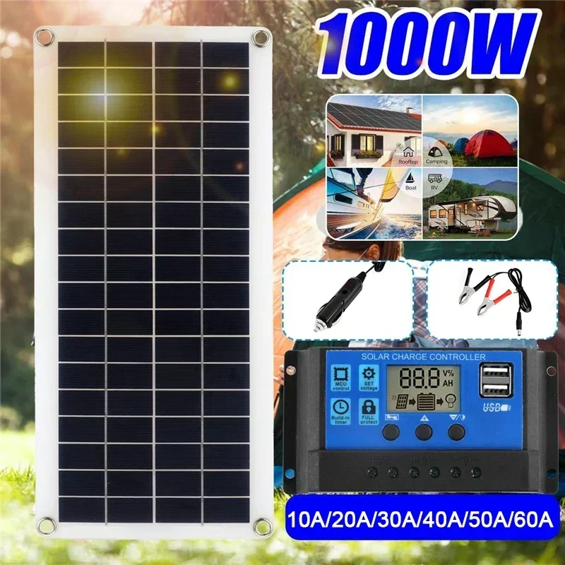 1000W Panel słoneczny 12V Ogniwo słoneczne z kontrolerem 60A 100A Ładowanie słoneczne do telefonu RV…