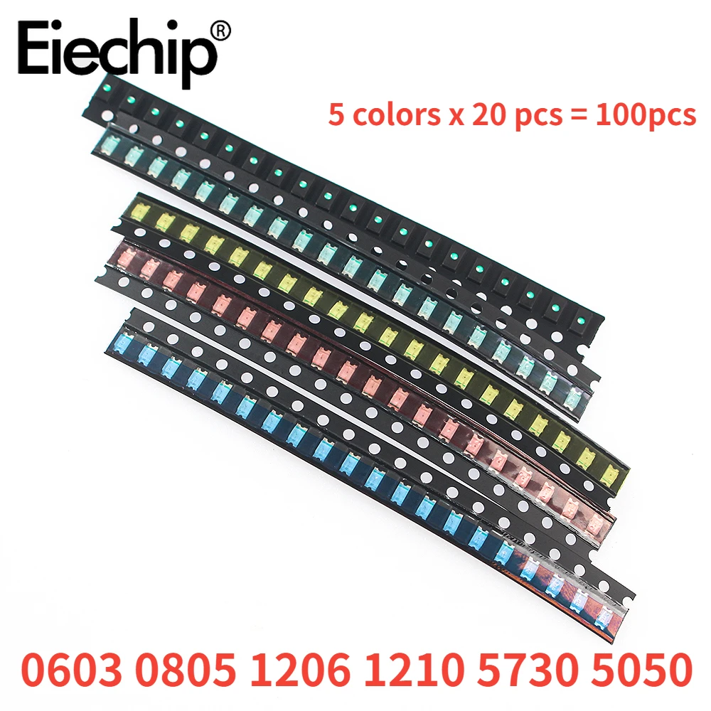 100szt 0603 0805 1206 1210 5730 5050 SMD LED Zestaw diod elektroluminescencyjnych 5 kolorów Miniaturowa dioda… 100szt 0603 0805 1206 1210 5730 5050 SMD LED Zestaw diod elektroluminescencyjnych 5 kolorów Miniaturowa dioda…