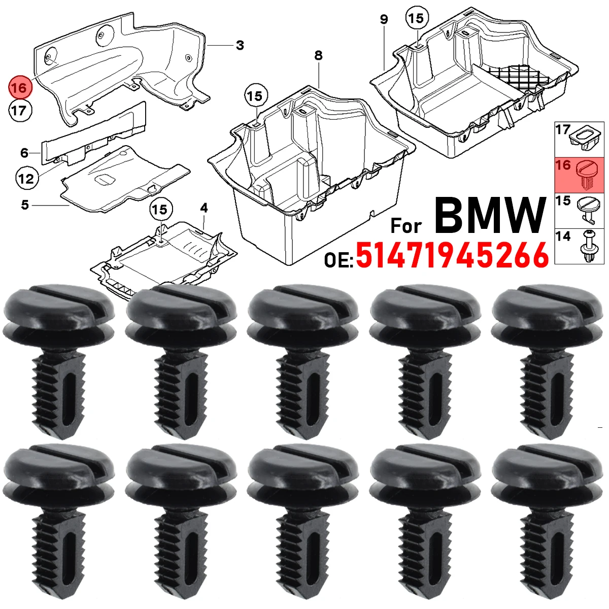 10X Pokrywa bagażnika Pokrywa baterii Osłona bagażnika Podszewka Klipsy wykończeniowe 51471945266 Do BMW E30…