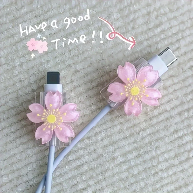 2 szt. Cartoon osłona kabla śliczne kwiaty osłona ładowarki USB organizer do kabli Kawaii przewód linii danych…
