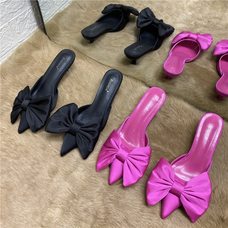 2021 wiosna Pointed Toe szpilki kocie obcasy Bow Heel-Free pantofle dla kobiet 2021 wiosna Pointed Toe szpilki kocie obcasy Bow Heel-Free pantofle dla kobiet