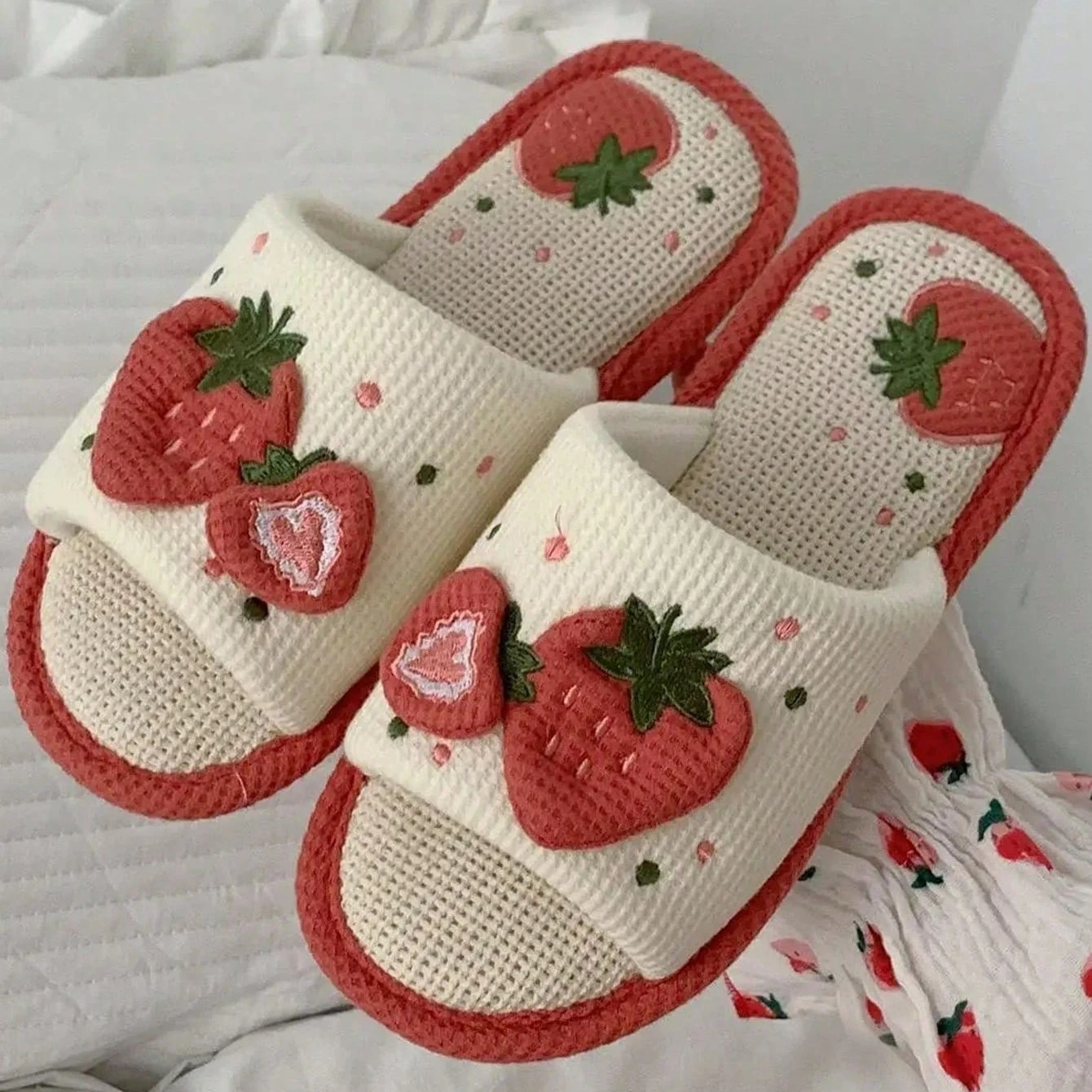 2023 nowych moda miękkie damskie na co dzień śliczne wzór w truskawki wygodne kobiece lniane kapcie domowe 2023 nowych moda miękkie damskie na co dzień śliczne wzór w truskawki wygodne kobiece lniane kapcie domowe