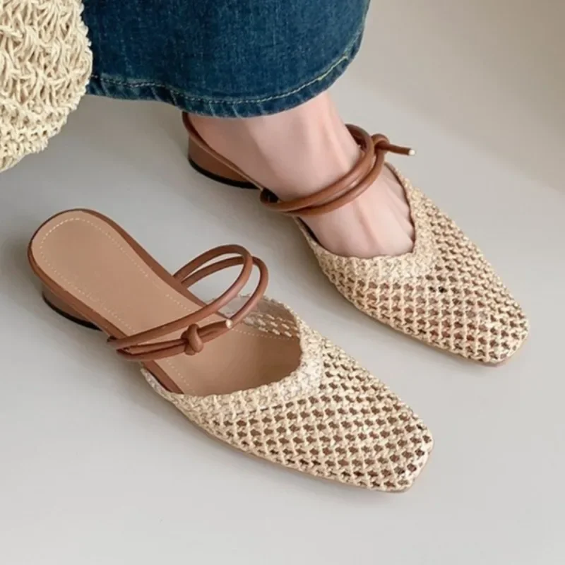 2025 New Weave Women Mid Heels Slippers Summer Fashion Trend Chunky Pumps Pump Mesh Breathable Flip Flops…
