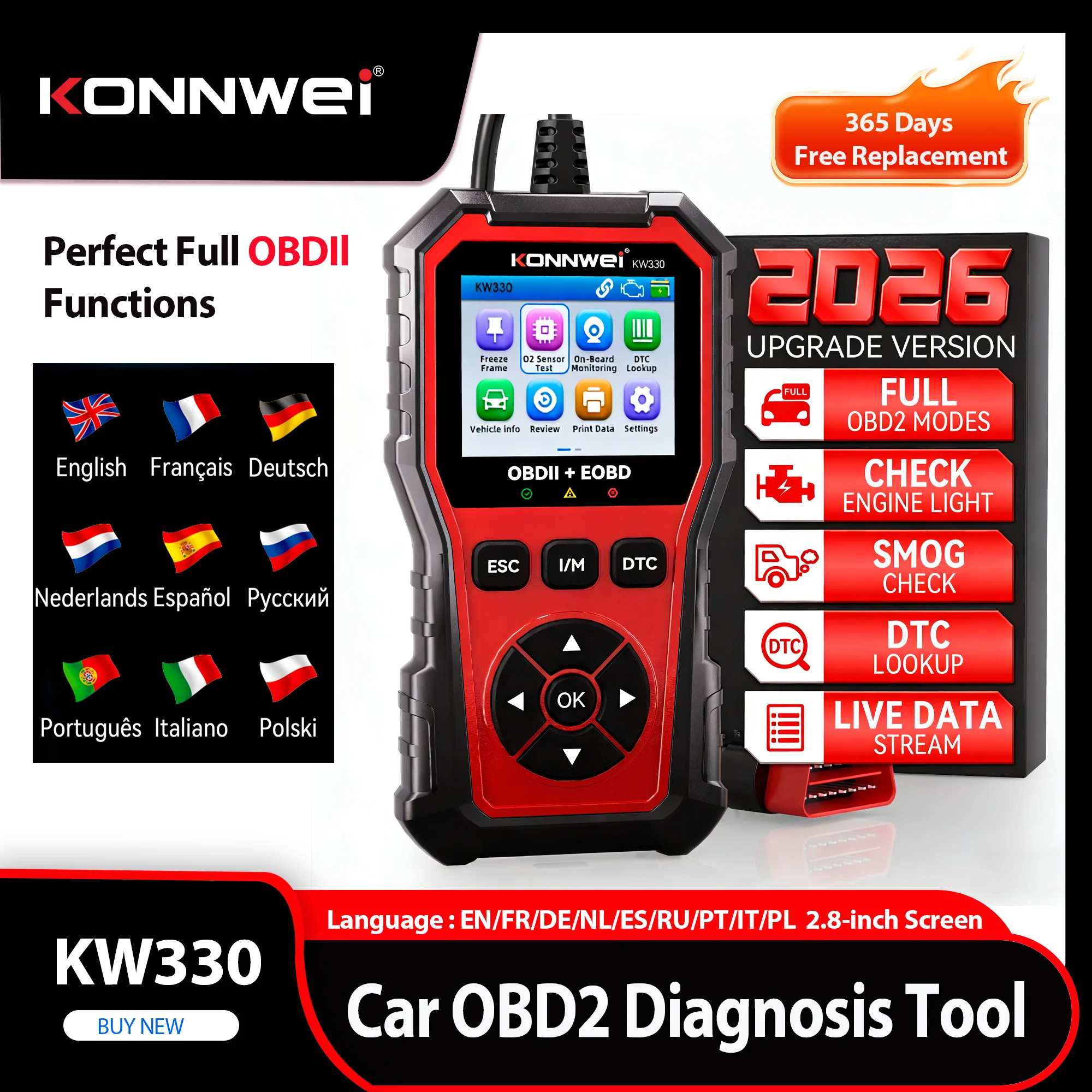 2026 KONNWEI KW330 Samochodowy Skaner Diagnostyczny OBD2, Tester Baterii Silnika, Wyszukiwanie Kodów Błędów…