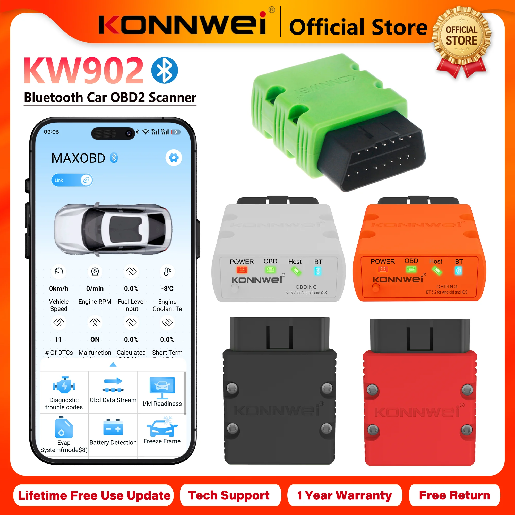 2026 KONNWEI KW902 Elm327 V1.5 OBD2 Bluetooth Samochodowy Skaner Diagnostyczny Mini OBD Czytnik Kodów Błędów…