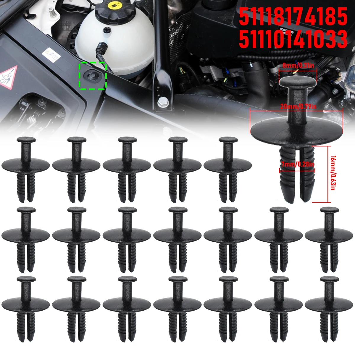 20x 7mm Klipsy progowe do BMW E46 E93 E38 E65 E66 F07 F10 F11 X3 E83 Z3 E36 Z4 E85 51118174185