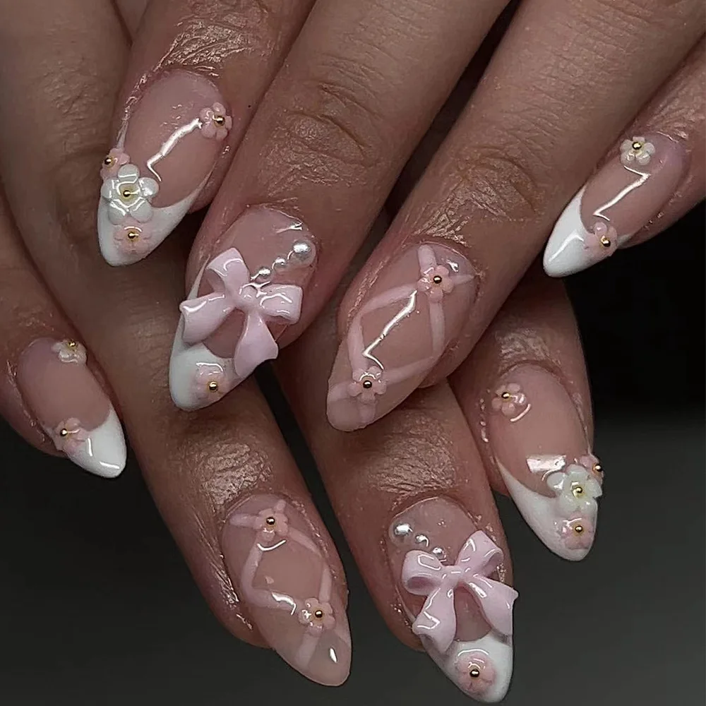 24Pcs Almond Press on Fake Nails Long French False Nails with Pink Bow Wearable Flower Design Oval Manicure…