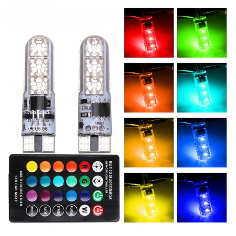 2X T10 W5w SilicaGel LED Remote Controller Lamp RGBW 5050 Festoon Dome Light Wedge Side Led 12V Car Bulb Width…