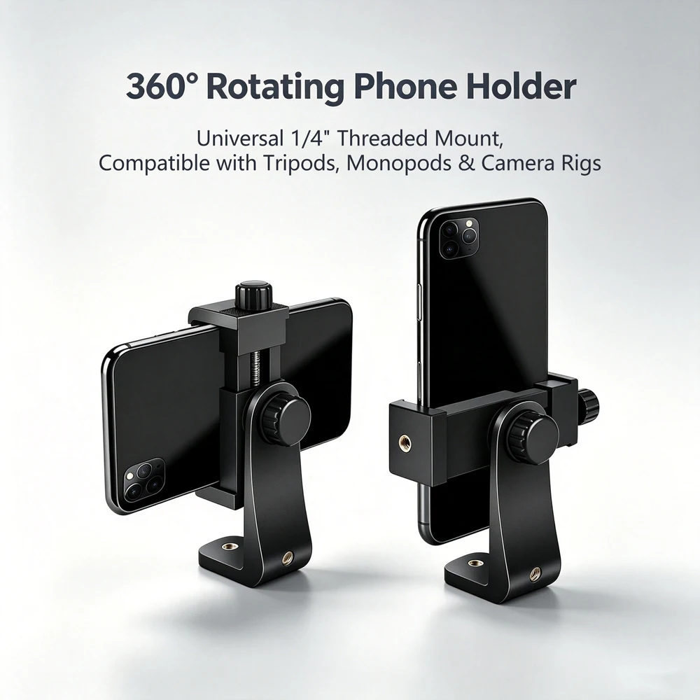 360 ° Obrotowy uchwyt na telefon do statywu z gwintem 1/4, klips do telefonu, statyw, pilot Bluetooth…