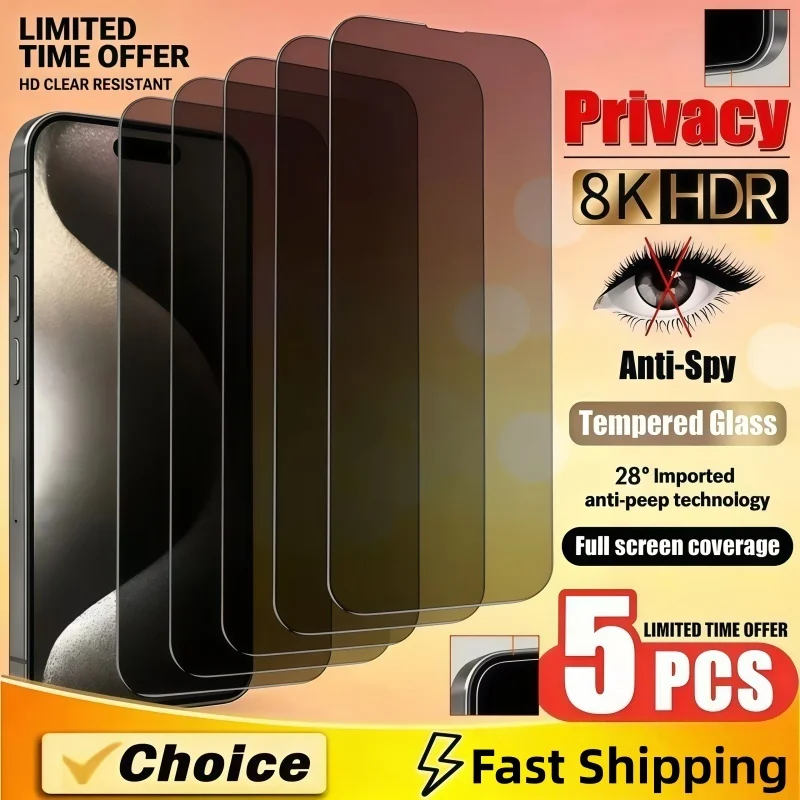 5 szt. Szkła Hartowanego Ochronnego z Funkcją Prywatności do Apple iPhone 17 16 15 14 13 12 11 Pro Max 13 12…