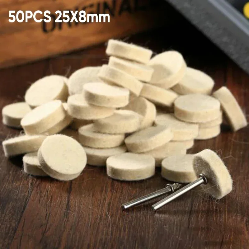 50 szt. 25 mm filc wełniany do polerowania okrągłe koło + 2x trzpień do narzędzia obrotowego