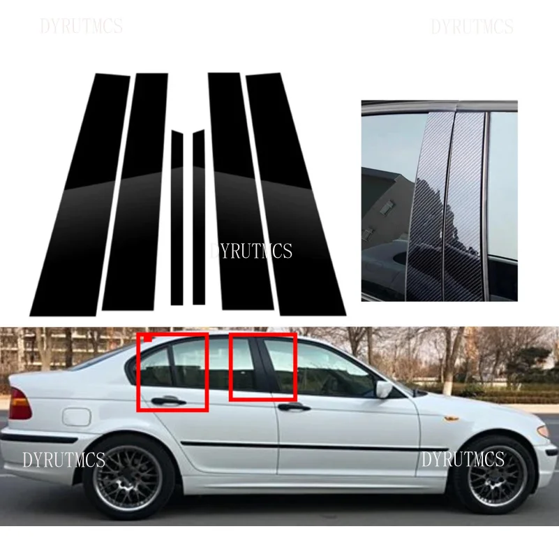 6 SZTUK Błyszczące czarne słupki słupek srebrny karbon pasuje do BMW E46 4-drzwiowy sedan1998-2005 Dekoracja…