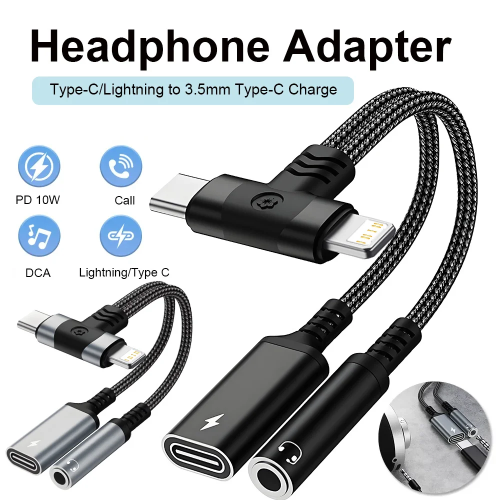 Adapter 2 w 2 Lightning/USB Typ C na 3.5mm Gniazdo Audio Aux do Słuchawek z Funkcją Ładowania PD dla iPhone 15… Adapter 2 w 2 Lightning/USB Typ C na 3.5mm Gniazdo Audio Aux do Słuchawek z Funkcją Ładowania PD dla iPhone 15…