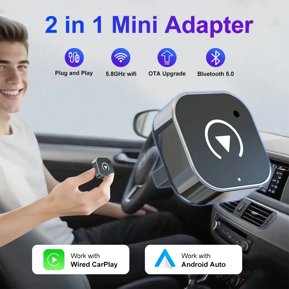 Adapter 2w1 CarPlay/Android Auto 2026 z przewodowego na bezprzewodowy dongle dla Apple i Android, Plug and…