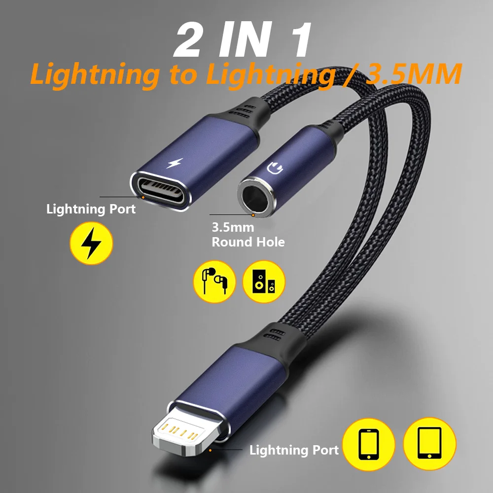 Adapter audio 2w1 do ładowania i słuchawek iPhone Lightning na 3.5mm, rozdzielacz do iPhone 14 13 12 11 Pro XS…