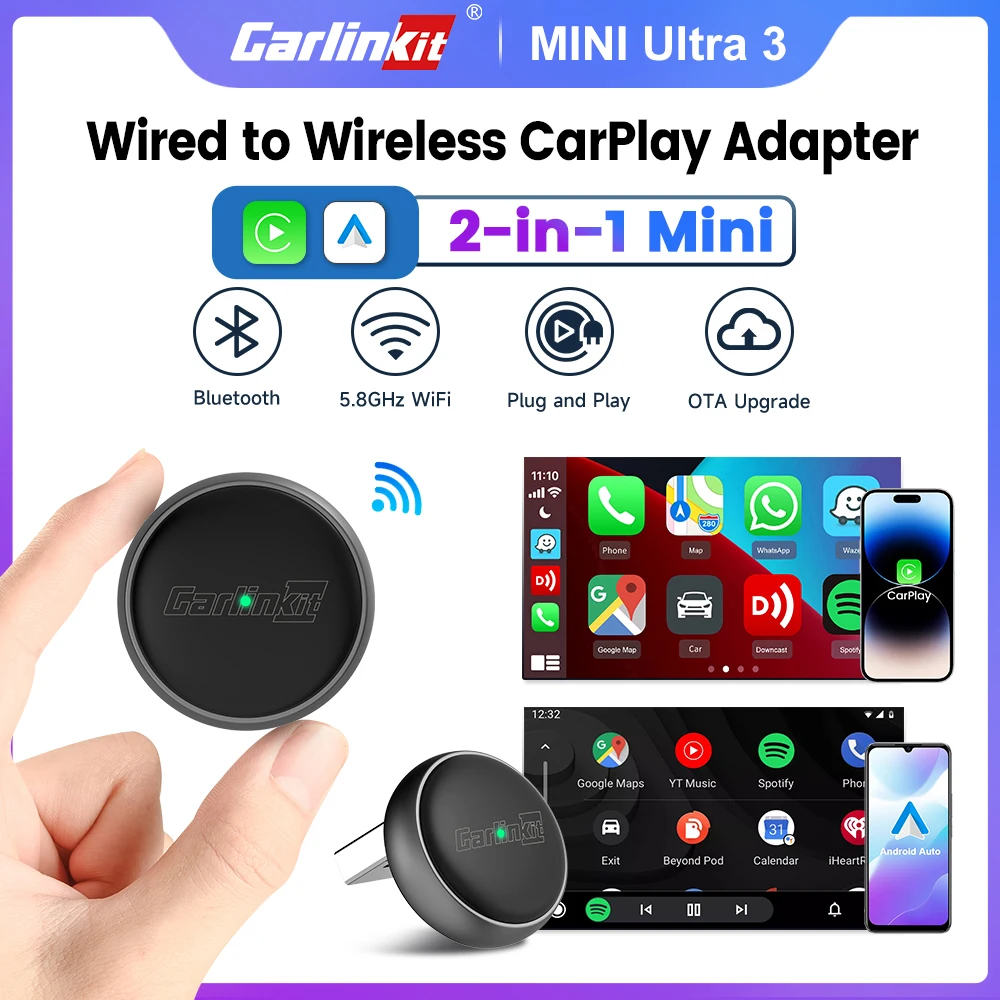 Adapter Carlinkit Mini Ultra 3 do bezprzewodowego CarPlay, umożliwiający bezprzewodowe Android Auto, Plug &… Adapter Carlinkit Mini Ultra 3 do bezprzewodowego CarPlay, umożliwiający bezprzewodowe Android Auto, Plug &…