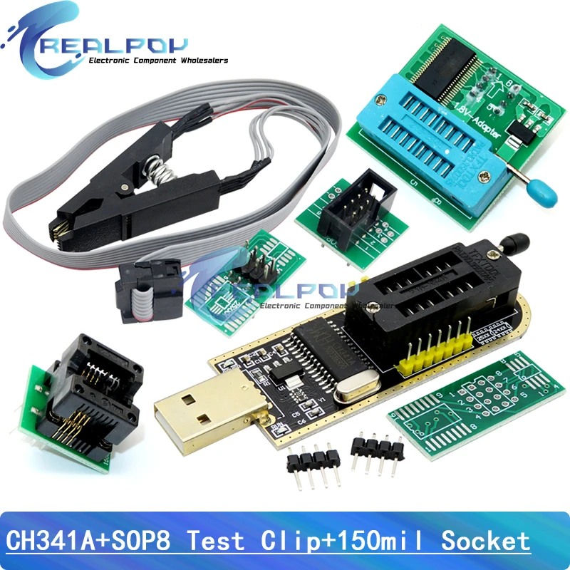 Adapter programatora CH341A + adapter SOIC8 + klips SOP8 z kablem + adapter 1,8 V CH341A EEPROM Flash BIOS… Adapter programatora CH341A + adapter SOIC8 + klips SOP8 z kablem + adapter 1,8 V CH341A EEPROM Flash BIOS…