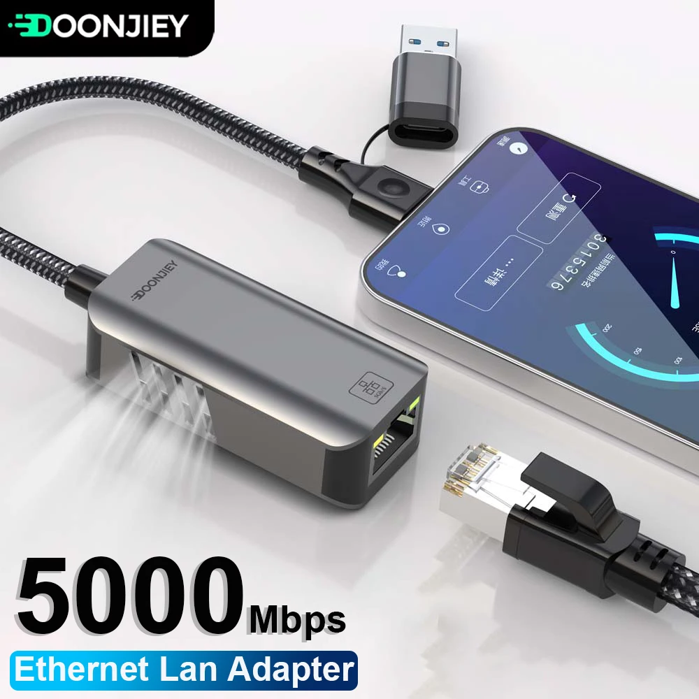 Adapter sieciowy USB 5000Mbps, przewodowy, adapter sieciowy Gigabit o wysokiej prędkości 5Gbps, konwerter…