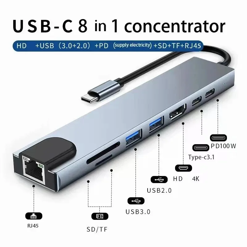 Adapter USB 8w1 7w2 7w1 3w1 11w1 Typ C do 4K HDTV Hub z czytnikiem kart SD TF RJ45 i szybkim ładowaniem PD do…