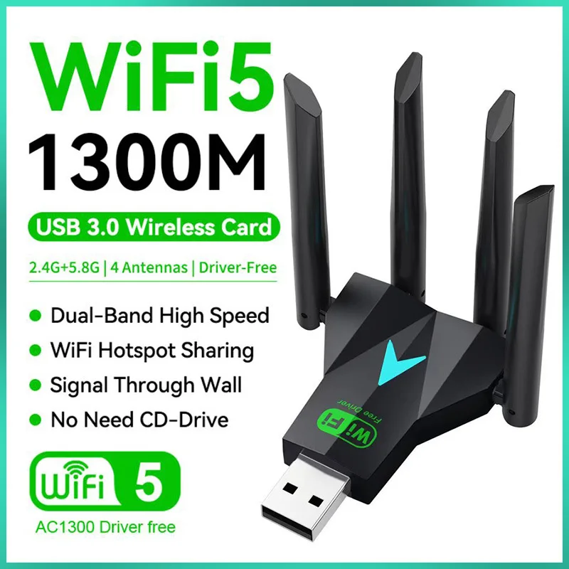 Adapter USB WiFi 1300Mbps Dual Band 2.4G 5.8Ghz Bezprzewodowa Karta Sieciowa Odbiornik do PC