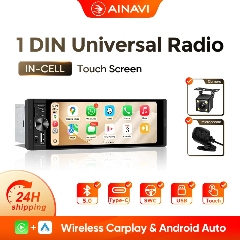 AINAVI K40 Uniwersalne Radio Samochodowe 1 DIN Carplay Bezprzewodowy Ekran Dotykowy HD IPS Single Din…