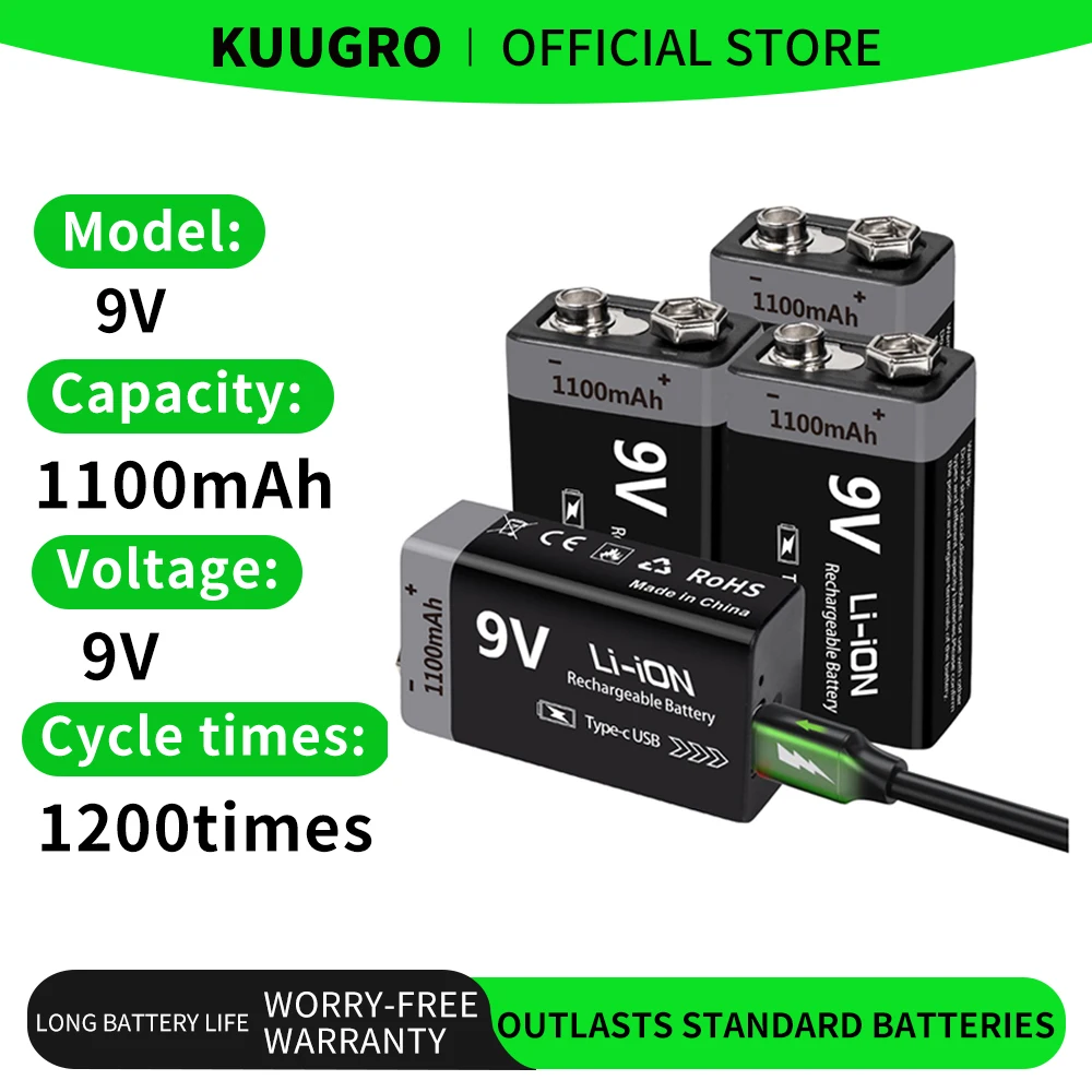 Akumulator USB 9V Kuugro 1100mAh, ładowany przez Type-C, akumulator litowo-jonowy 6F22 9V do helikopterów RC… Akumulator USB 9V Kuugro 1100mAh, ładowany przez Type-C, akumulator litowo-jonowy 6F22 9V do helikopterów RC…