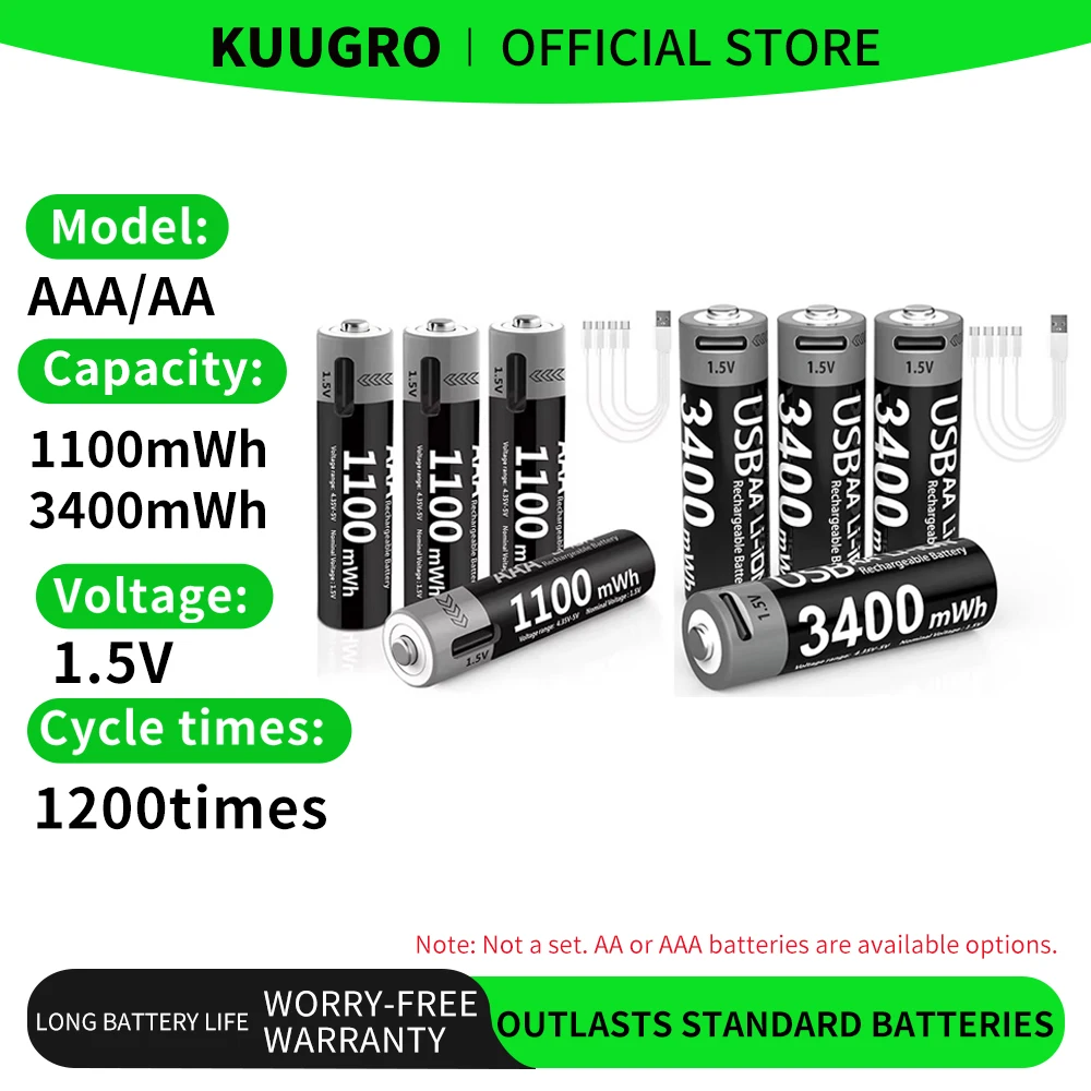 Akumulatory litowo-jonowe Kuugro AAA i AA, ładowane przez USB, litowo-jonowe 3400mWh 1.5V akumulatory AA +…