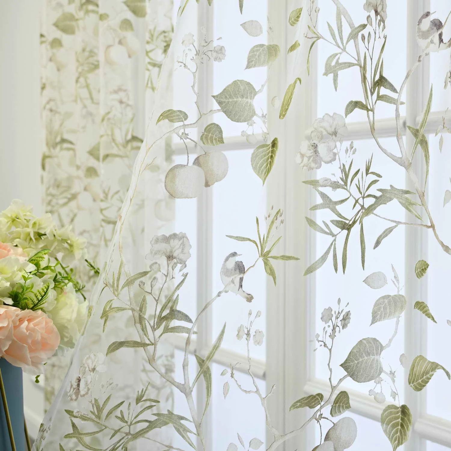 American Country Garden Green Flowers Brids Printed Sheer Tulle Curtains For Living Room Window Screen Bedroom…