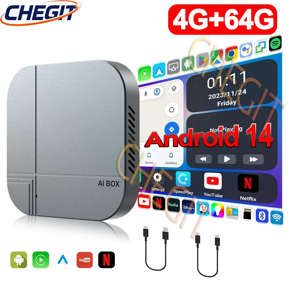 Android14 Smart AI Box 4G+64G/2G+16G Bezprzewodowy CarPlay Android Auto TV Box do Youtube Netflix dla VW…