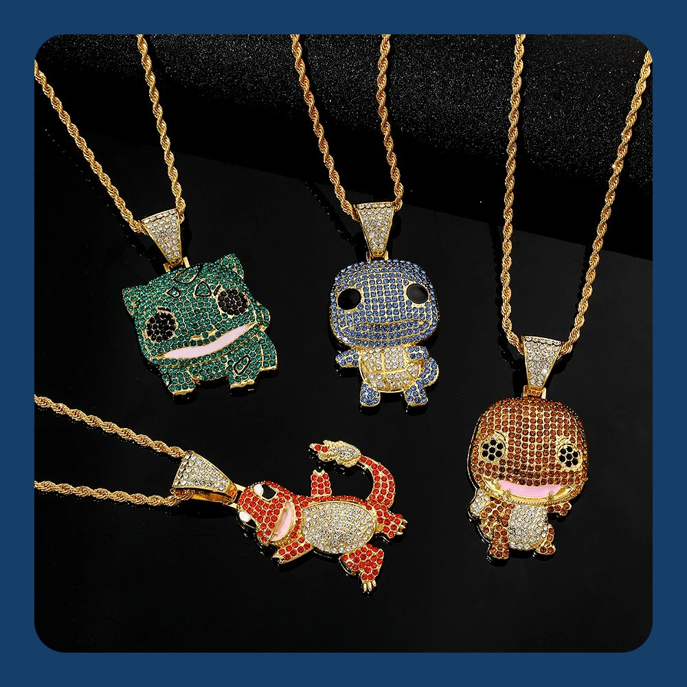 Anime Postacie: Mały Charizard, Bulbasaur, Naszyjnik z diamentową zawieszką, Modne akcesoria studenckie…