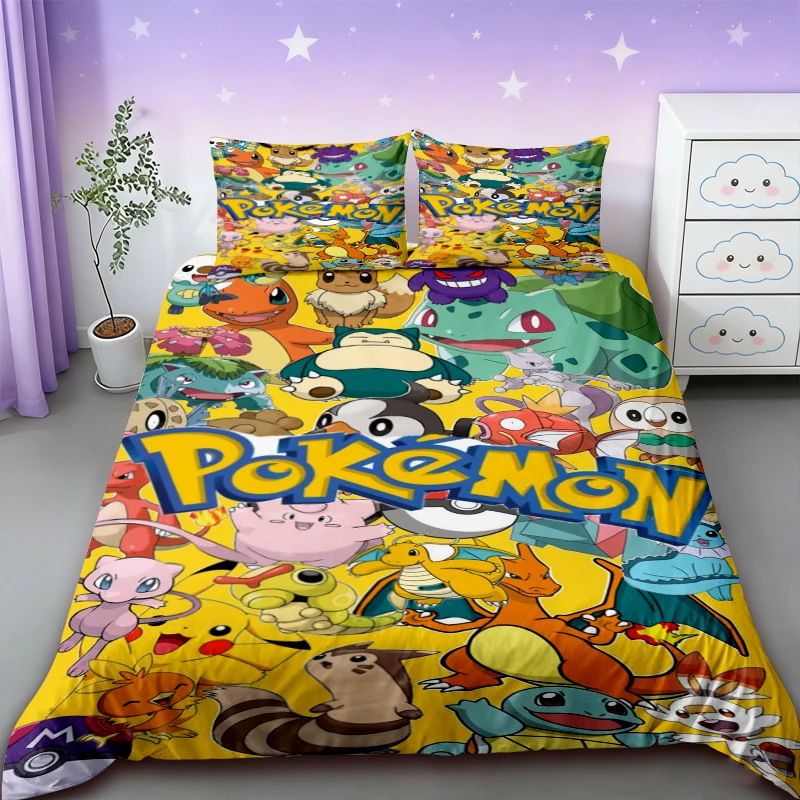 Anime Trzyczęściowy Zestaw Poszewek na Kołdrę Pikachu, Komplet Pościeli z Kreskówkowym Motywem, Poszwa na…