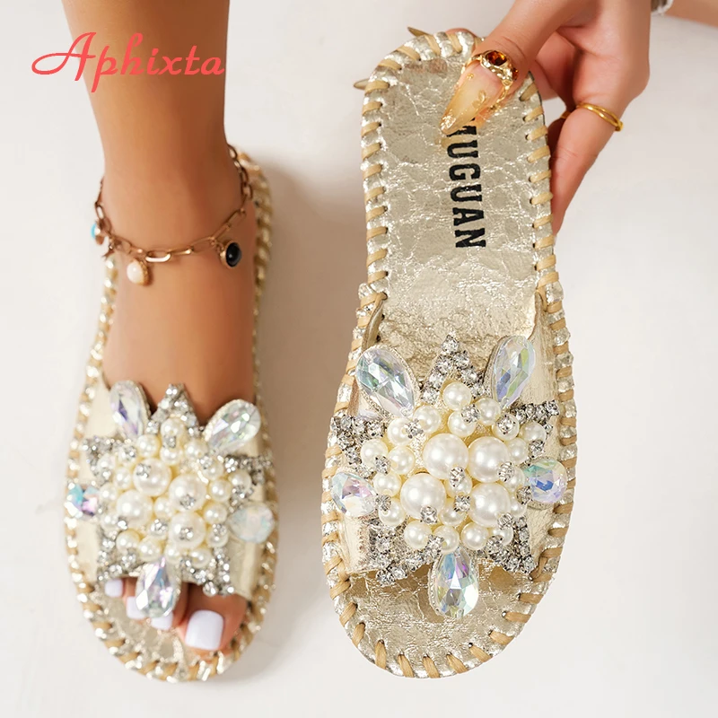Aphixta New Gold Crystal Flower Slippers Women Summer Round Toe Shoes Outdoor Flat Heel Bling Slides Big…