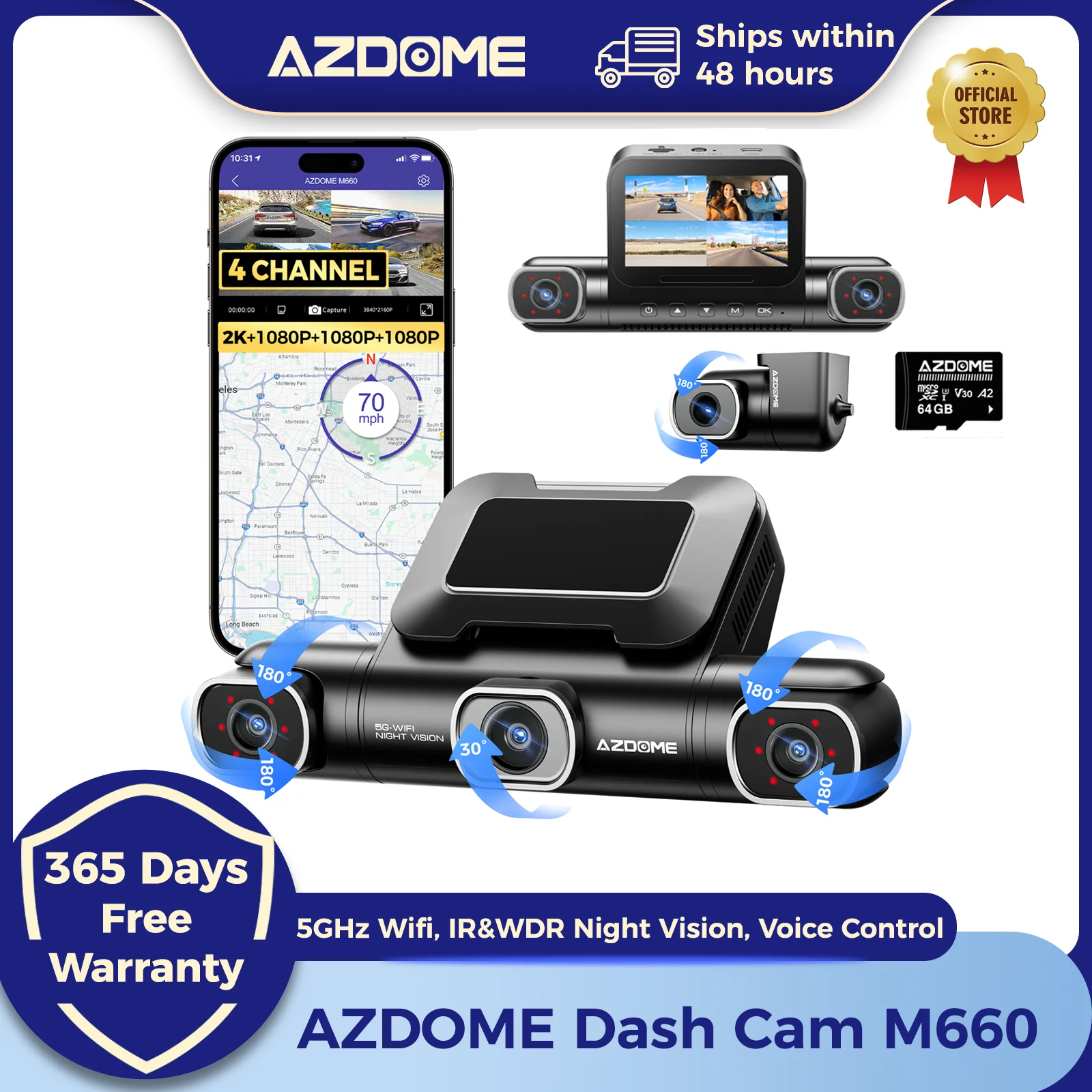 AZDOME Kamera samochodowa M660 2.5K+3*1080P 4-kanałowy rejestrator jazdy GPS 5G Wifi Darmowa karta 64GB… AZDOME Kamera samochodowa M660 2.5K+3*1080P 4-kanałowy rejestrator jazdy GPS 5G Wifi Darmowa karta 64GB…