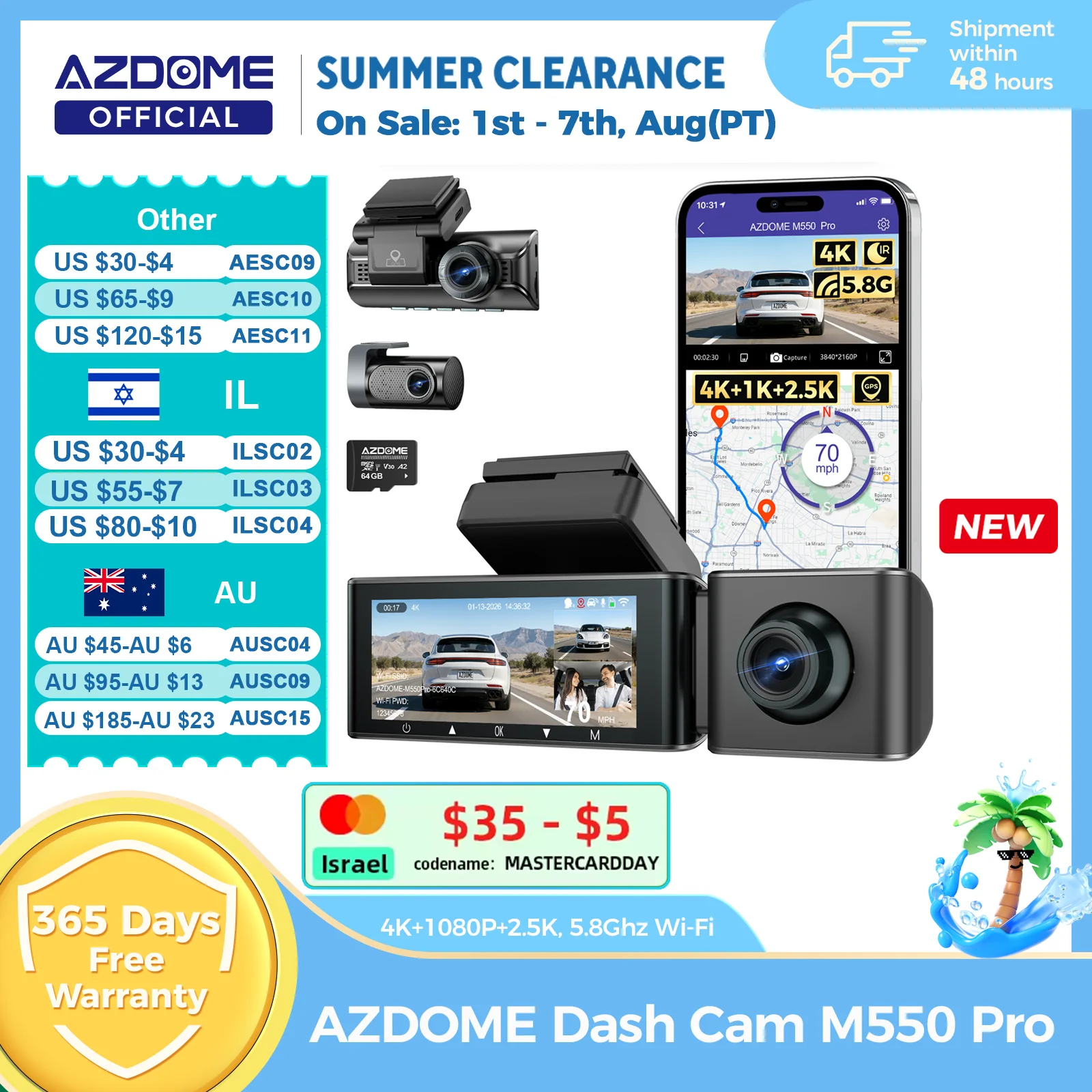 AZDOME M550 Pro Dash Cam Car DVR 5.8Ghz WiFi 3.19″ IPS 2 lub 3 kanałowa kamera samochodowa GPS Night Vision…