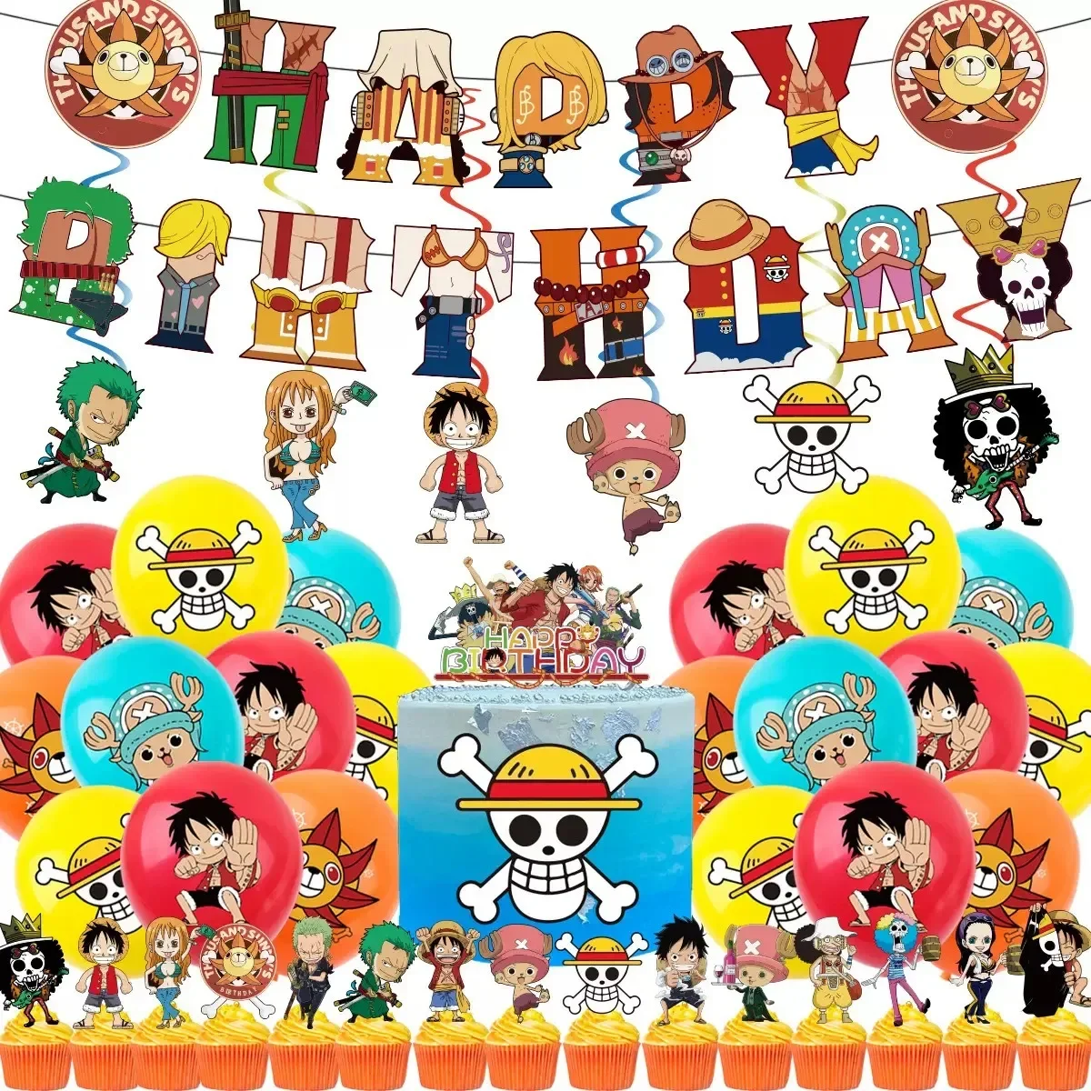 Balony, flagi, dekoracje na tort ONE PIECE na przyjęcie urodzinowe dla dzieci, motyw kreskówkowy Balony, flagi, dekoracje na tort ONE PIECE na przyjęcie urodzinowe dla dzieci, motyw kreskówkowy