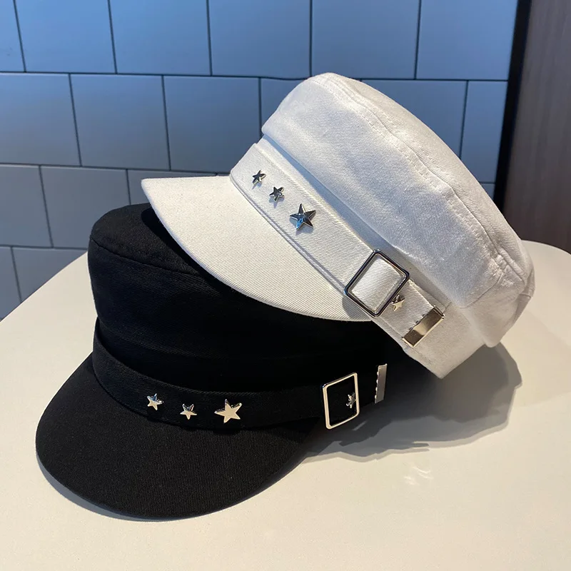 Beret damski Czarny kapelusz w gwiazdki Wiosna i jesień Zima Brytyjska moda retro Nowy styl wojskowy… Beret damski Czarny kapelusz w gwiazdki Wiosna i jesień Zima Brytyjska moda retro Nowy styl wojskowy…