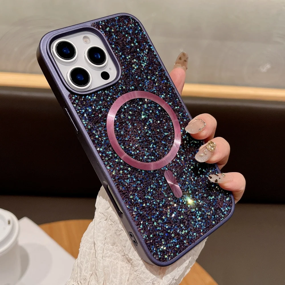 Błyszczące, brokatowe cyrkonie, diamenty na etui Magsafe do iPhone 17 16 Pro Max 15 14 13 12 11, magnetyczna…