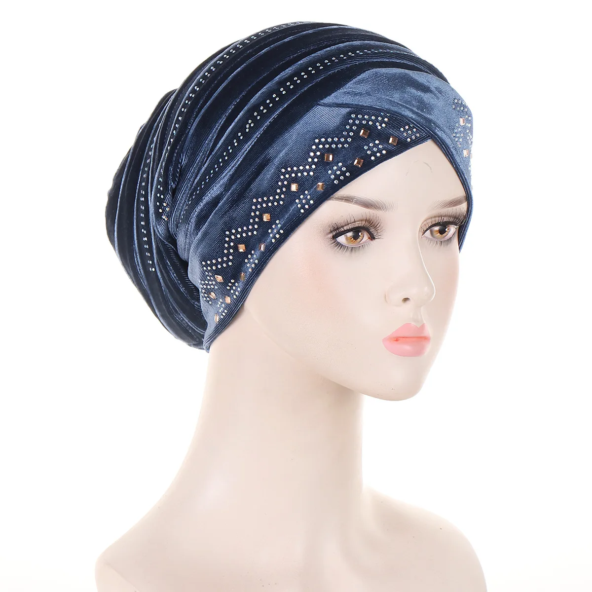 Brokatowe diamenty plisowany turban czapka kobiety miękkie aksamitne okłady na głowę czapki muzułmańska chusta…