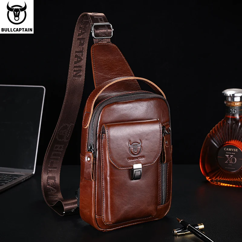 BULLCAPTAIN męska torba na klatkę piersiową z prawdziwej skóry Casual Retro 7,9-calowa torba na telefon…