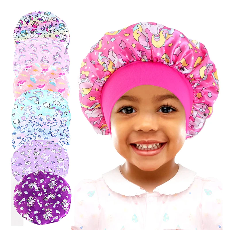 Cartoon Baby Kids Print Satin Bonnet Sleep Hat Cap for Curly Hair Regulowana jedwabista satynowa czapka dla…
