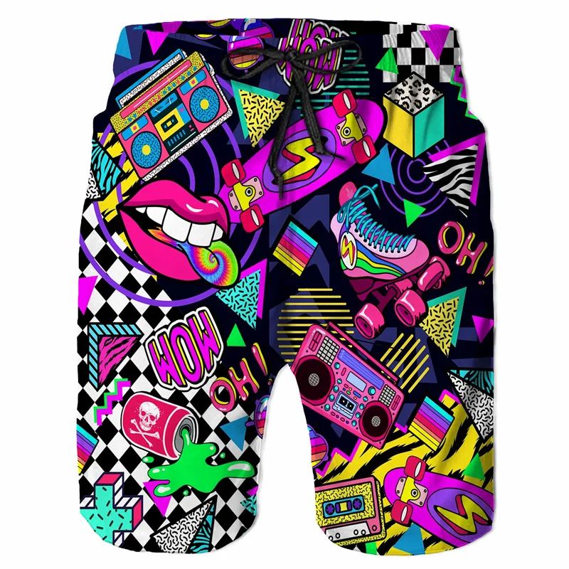 Cartoon Music Colorful Graffiti Beach Shorts Men 3d Print Swim Trunks Summer Surf Board Shorts 80s 90s Street…